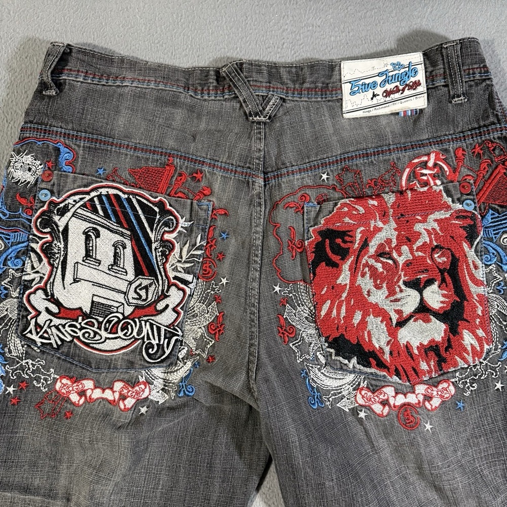 Vintage 5ive Jungle & Co. Jeans Mens 40x31 Faded Black Denim Embroidered Skater.